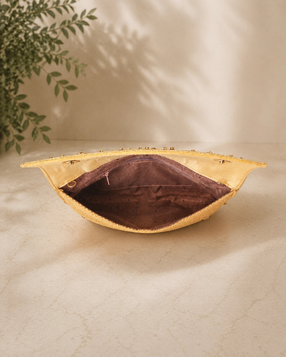 Floral embroidery envelope clutch in gold for women