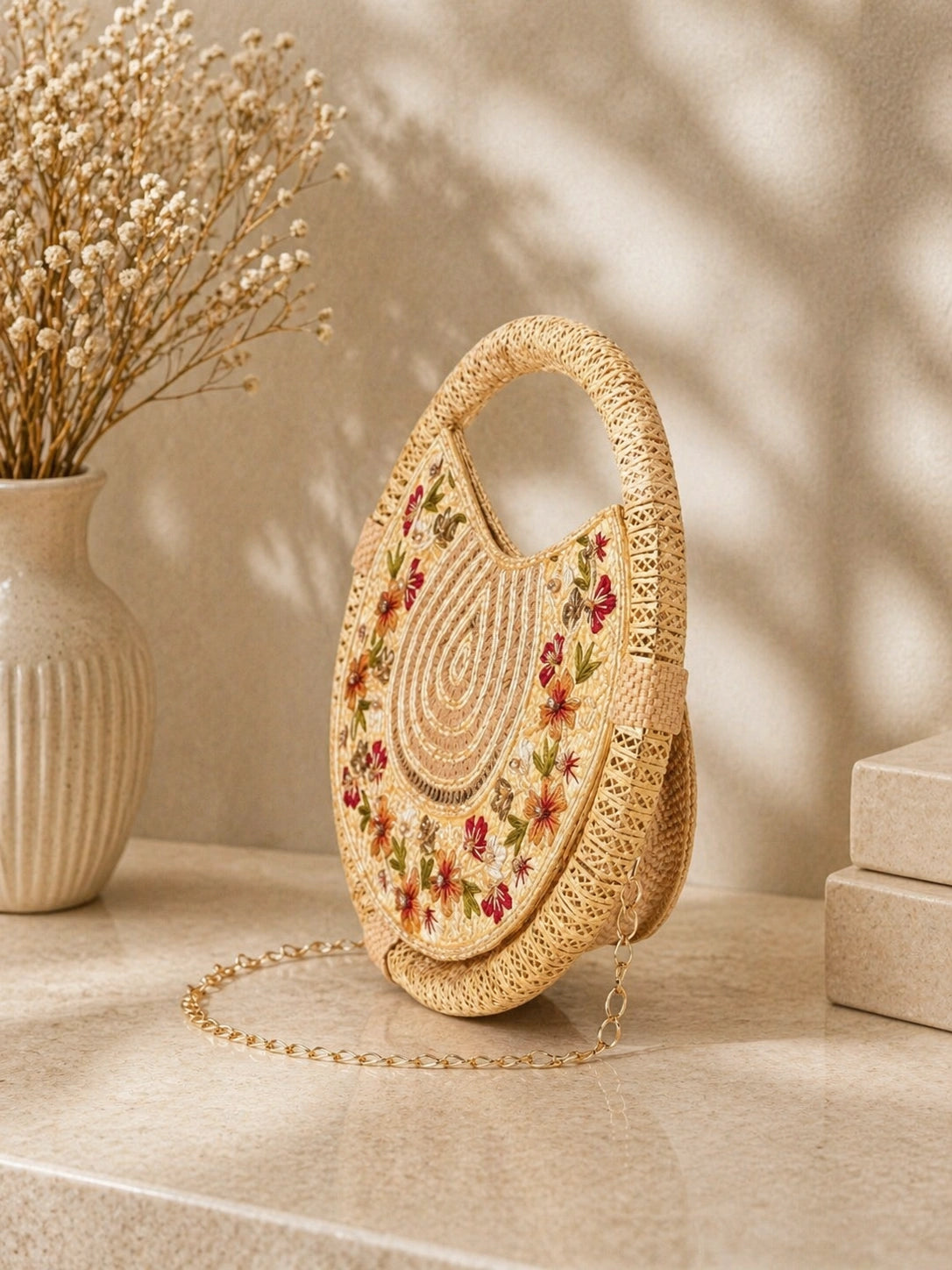 Stylish gold handcrafted round clutch bag for party wear