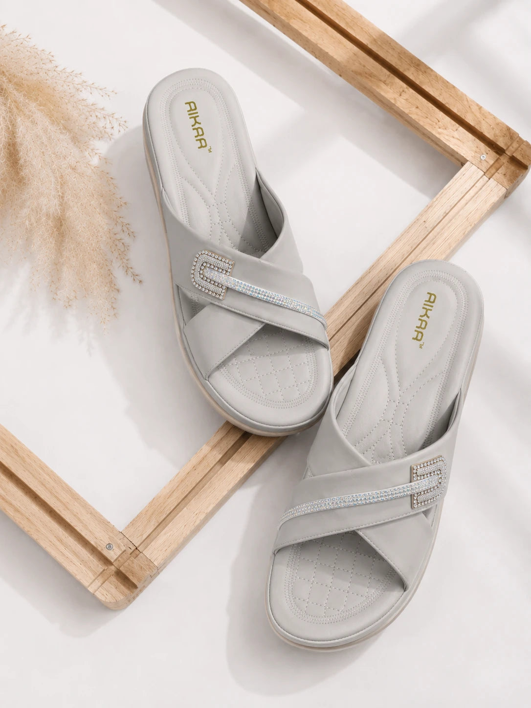 Stylish grey crystal wedge sandals for women