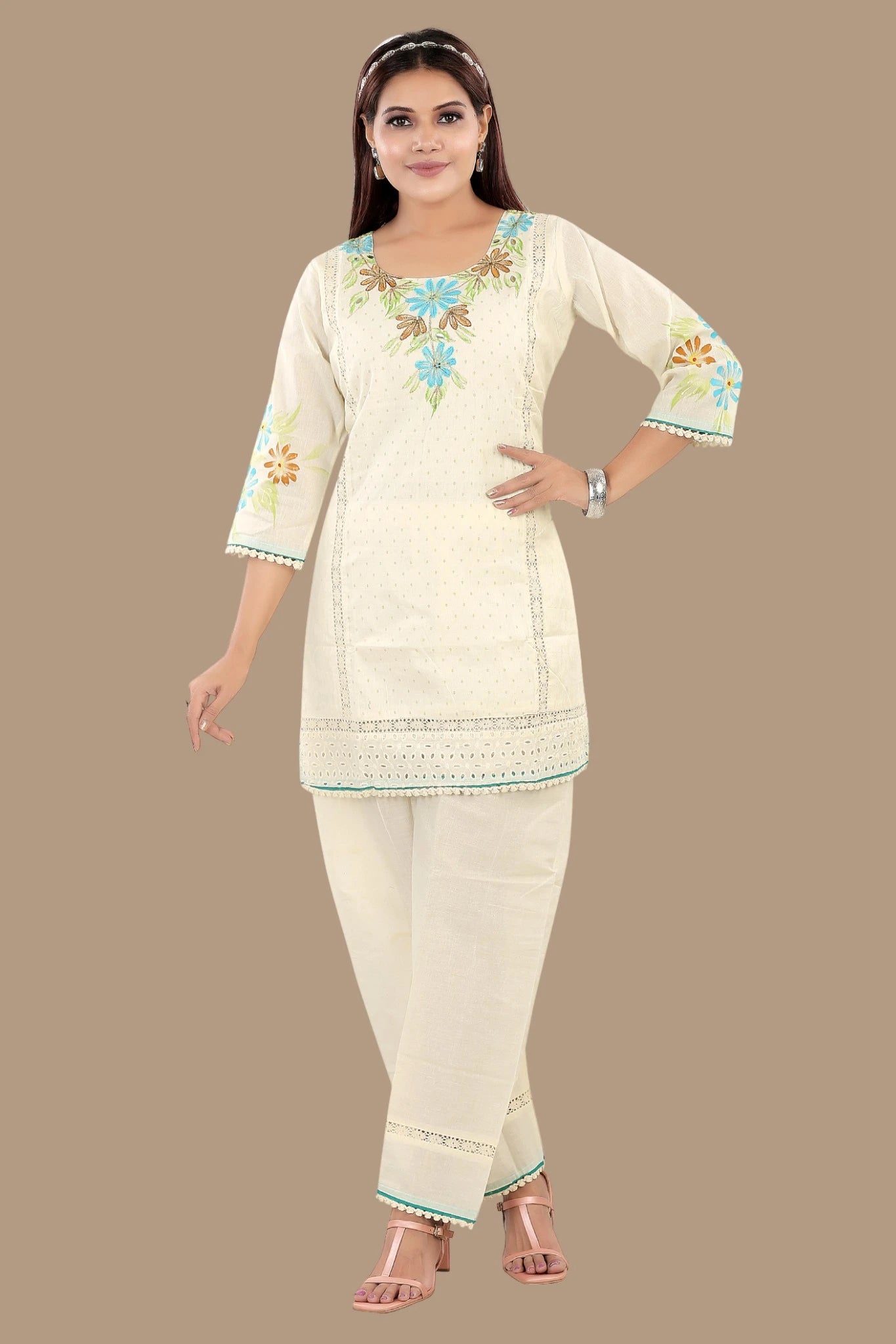 Light blue Floral EMB co-ord set for women