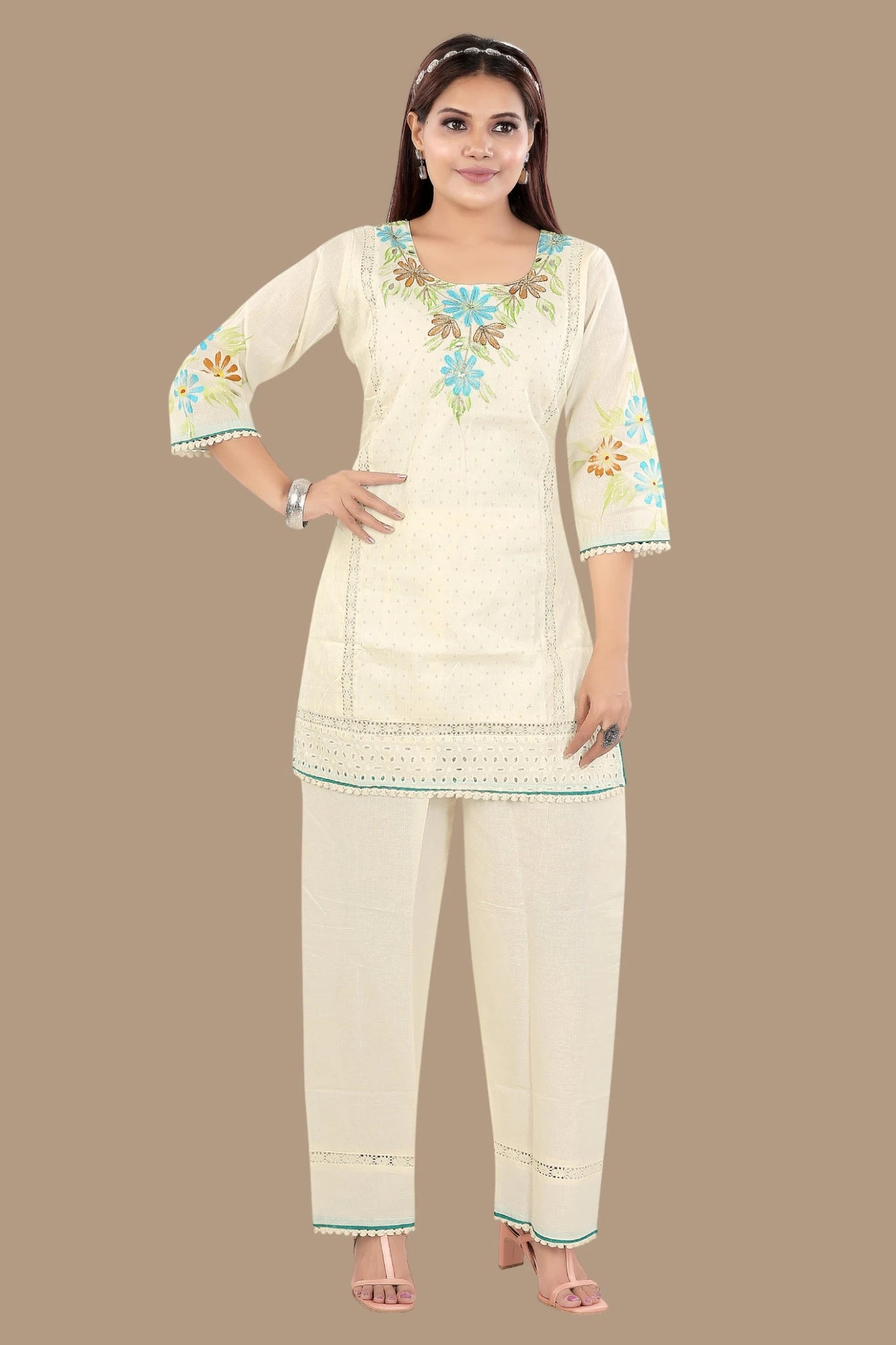 Stylish light blue floral embroidered co-ord set