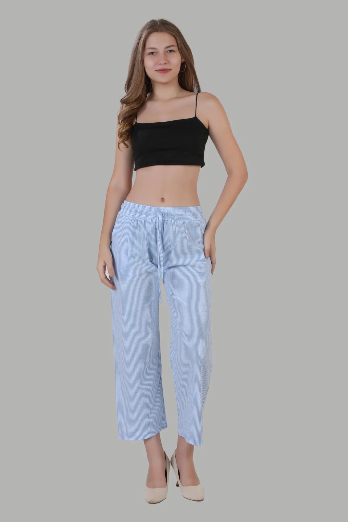 Stylish light blue striped linen pants for women