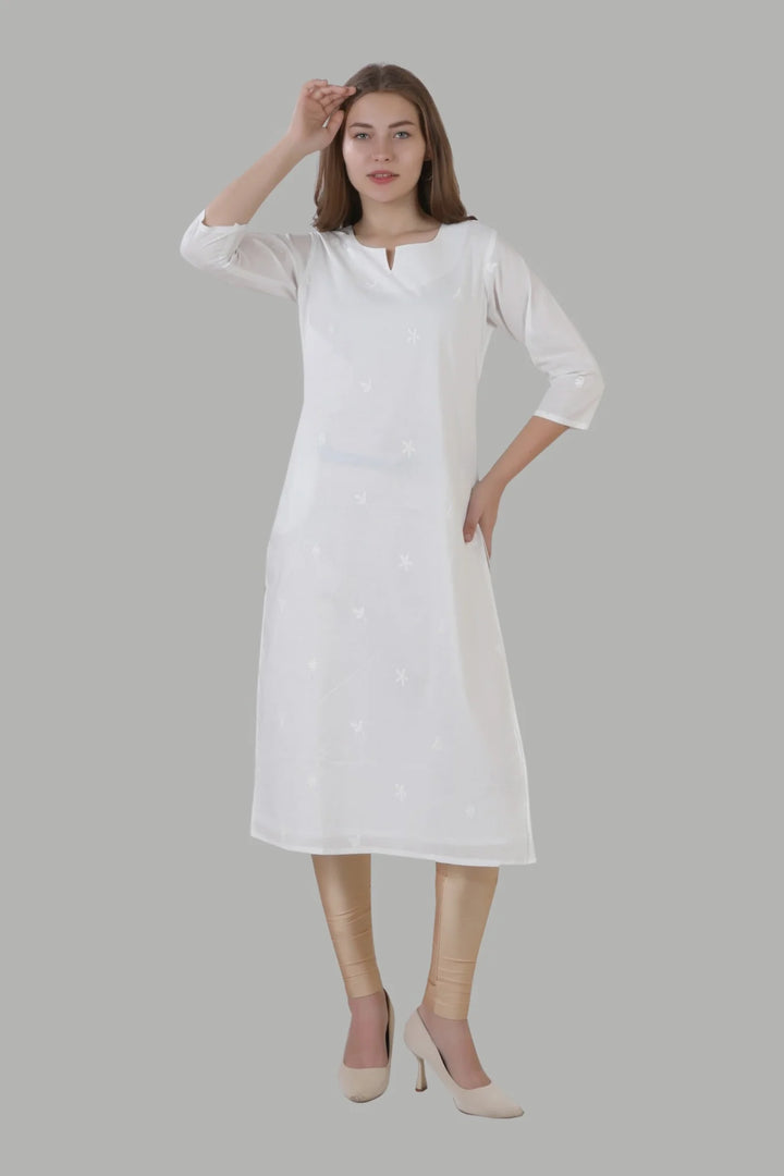 Light and elegant embroidered white kurti for women