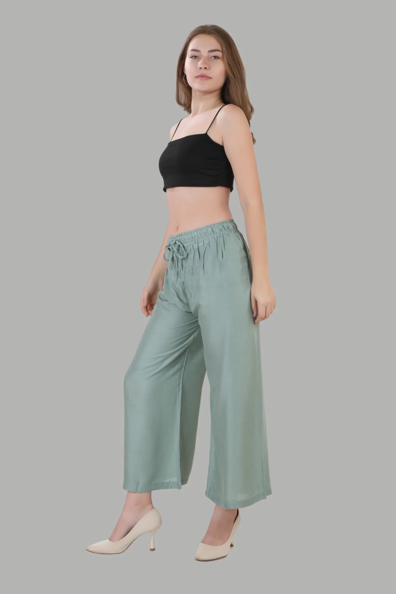 Stylish light green wide leg palazzo trousers for women
