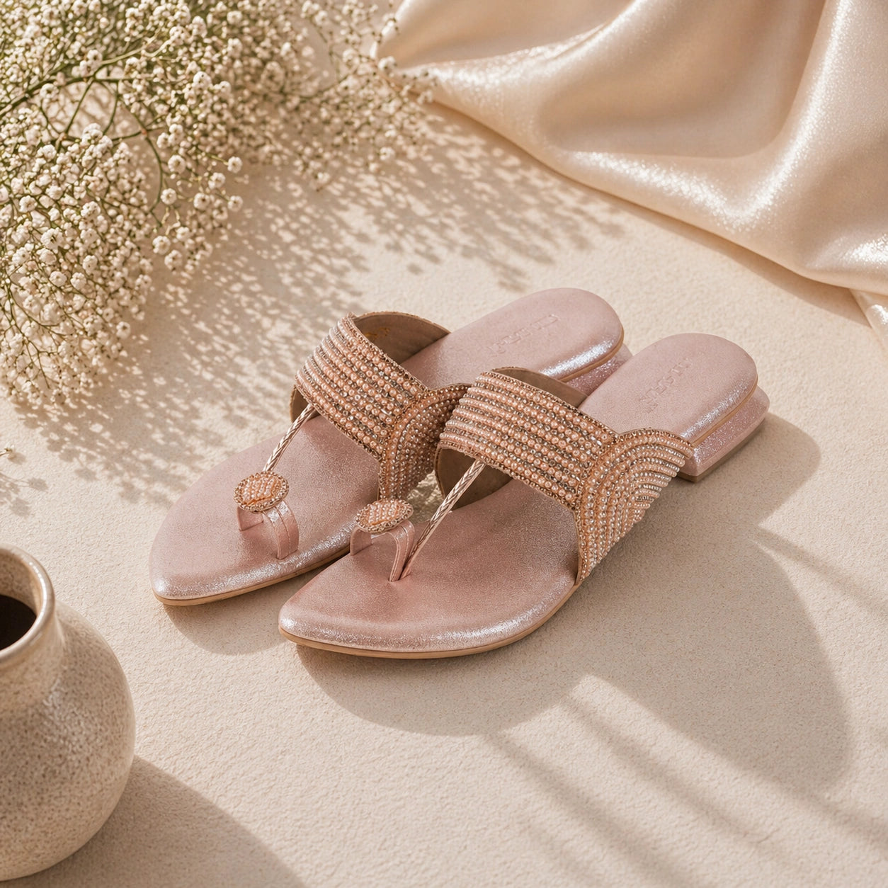 Stylish light pink crystal flat sandals for women