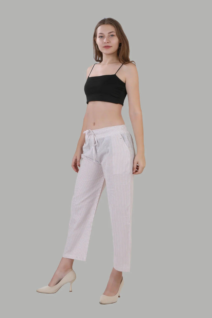 Stylish light pink striped linen pants for women