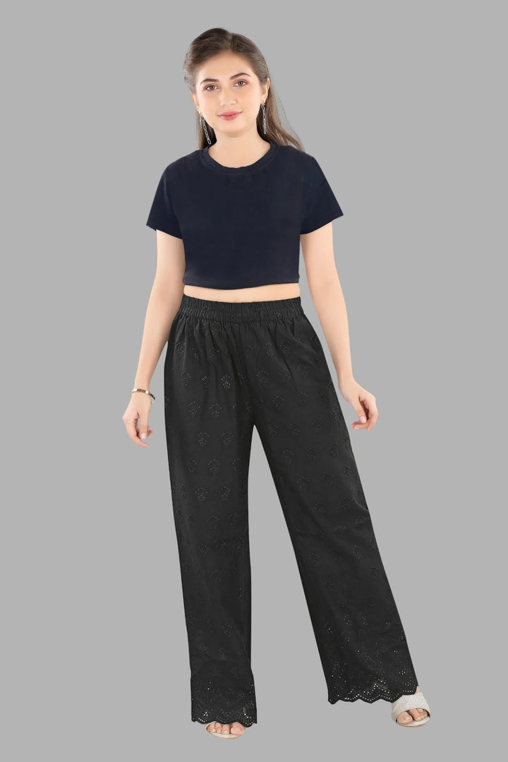 Lucknowi Chikankari straight fit black pants for women