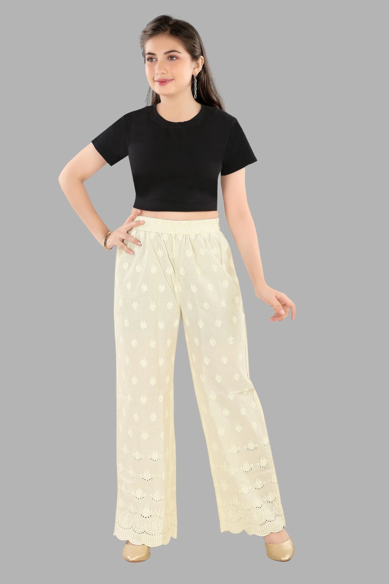 Lucknowi Chikankari straight fit cream pants for women