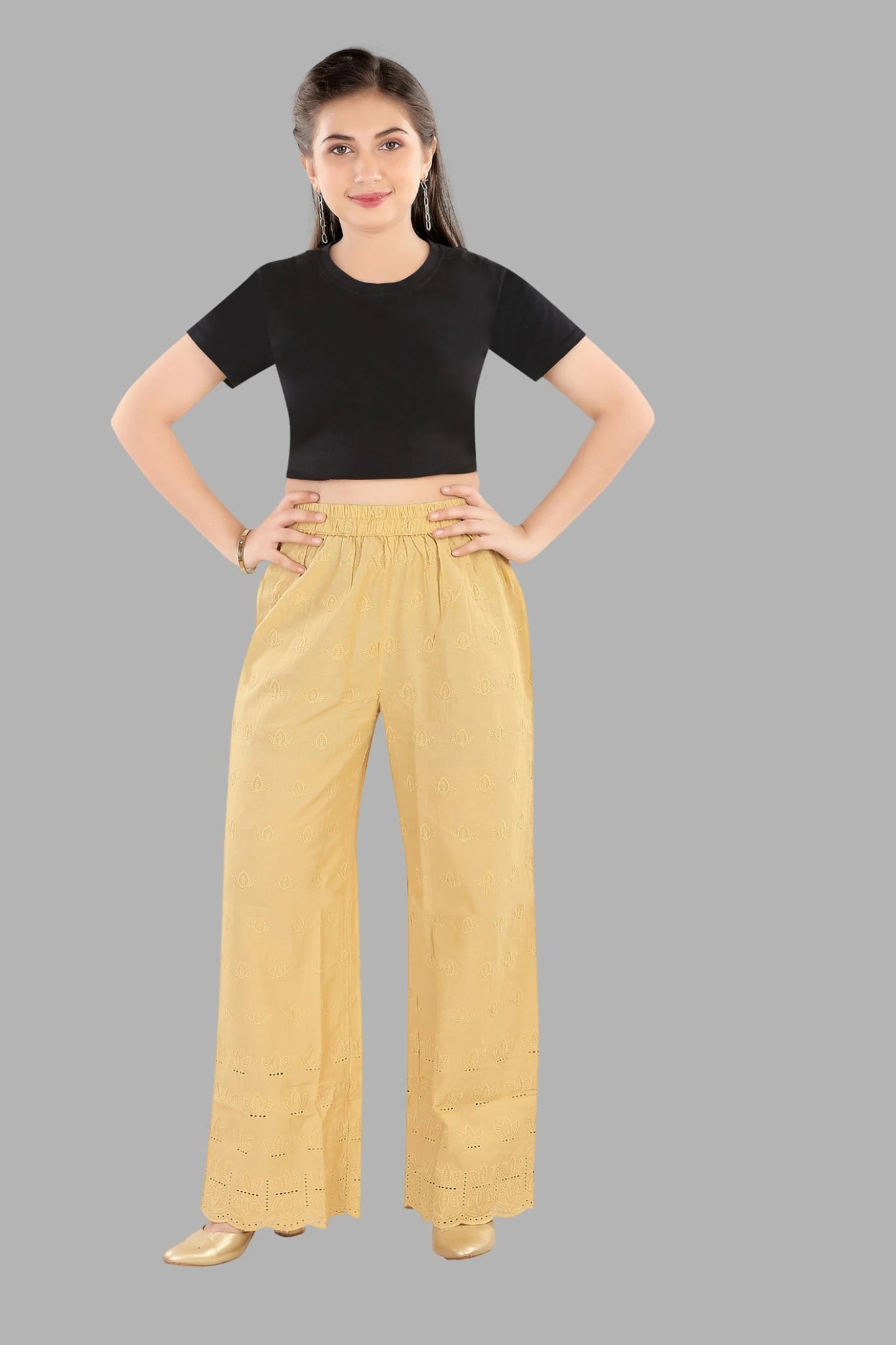 Lucknowi Chikankari straight fit gold pants for women