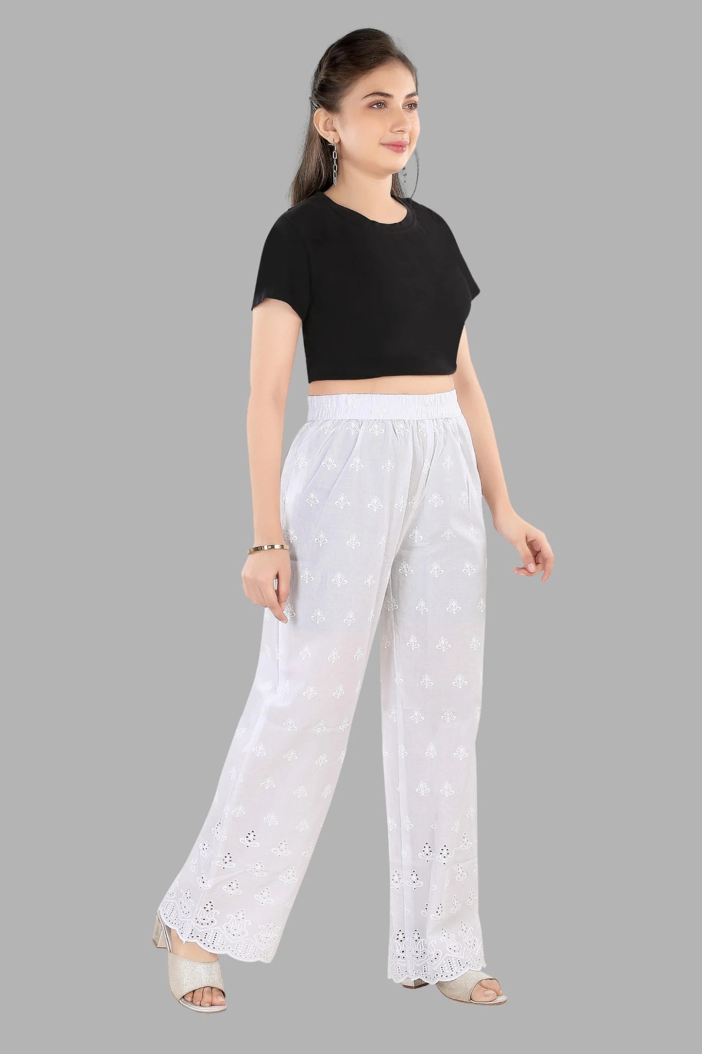 Lucknowi Chikankari straight fit white pants for women