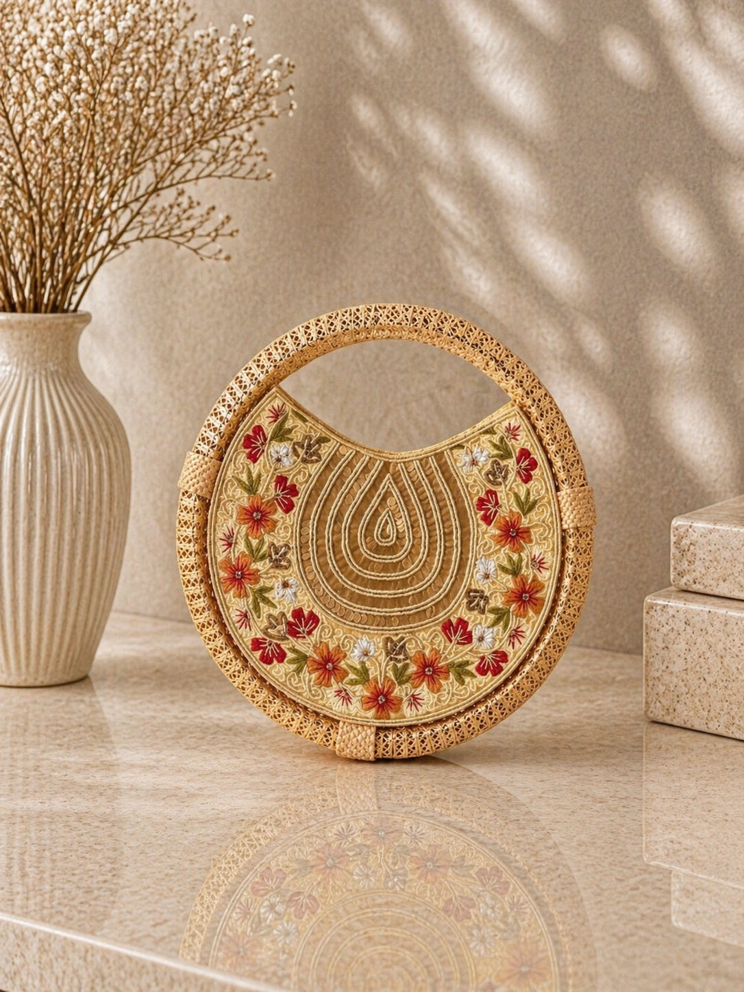 Luxe handcrafted round clutch in gold for women