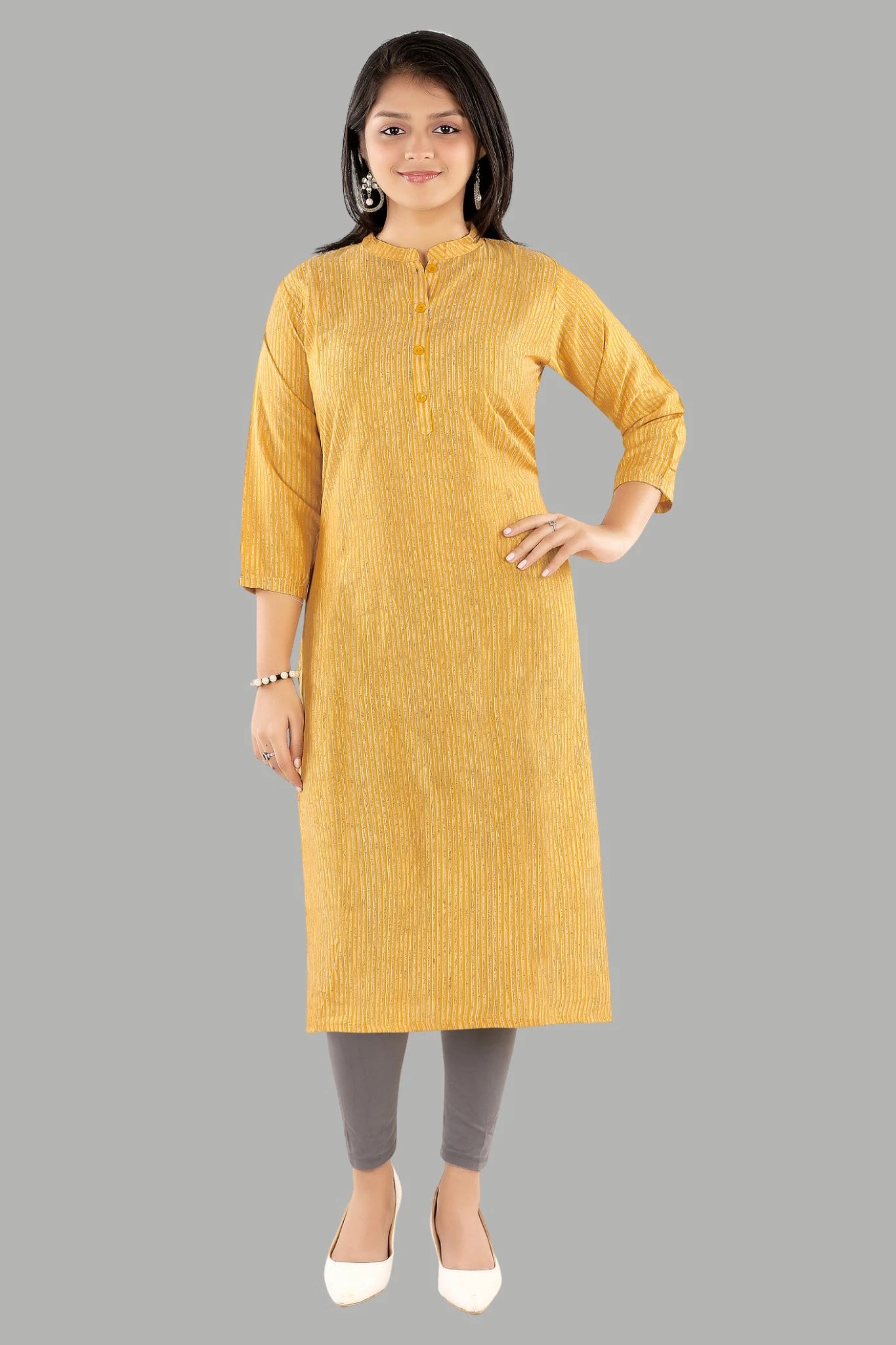 Mustard solid straight kurti for women