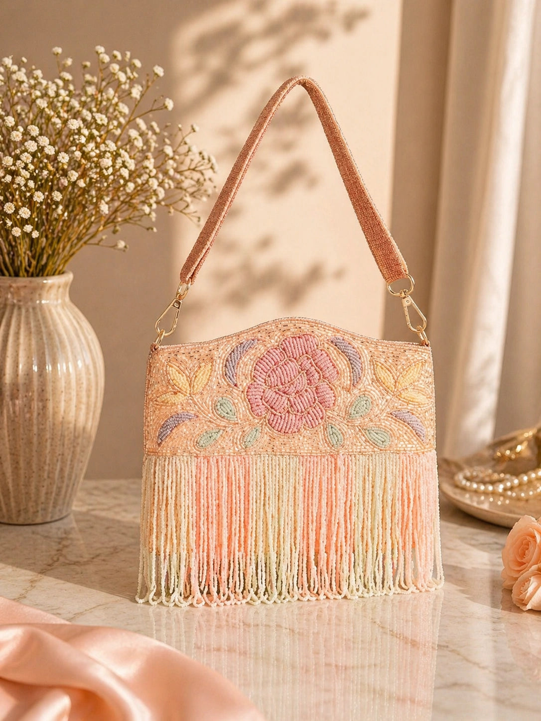 Stylish peach embroidered clutch bag for women