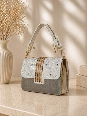 Pearl embellished silver clutch for women
