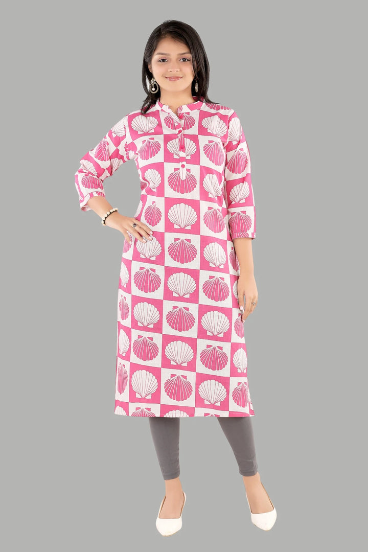 Pink shell print kurti for women