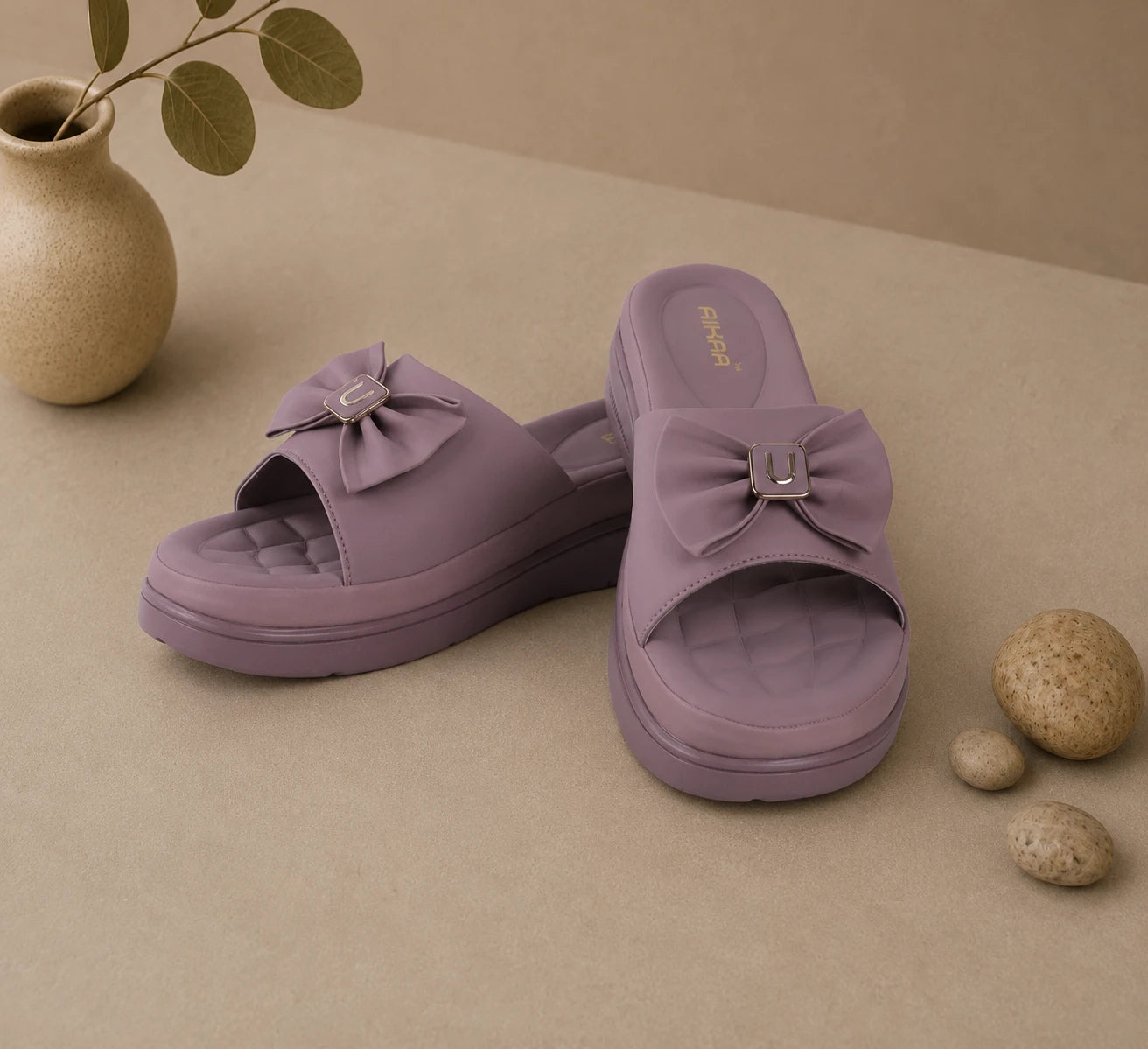 Stylish purple bow comfort slides for women