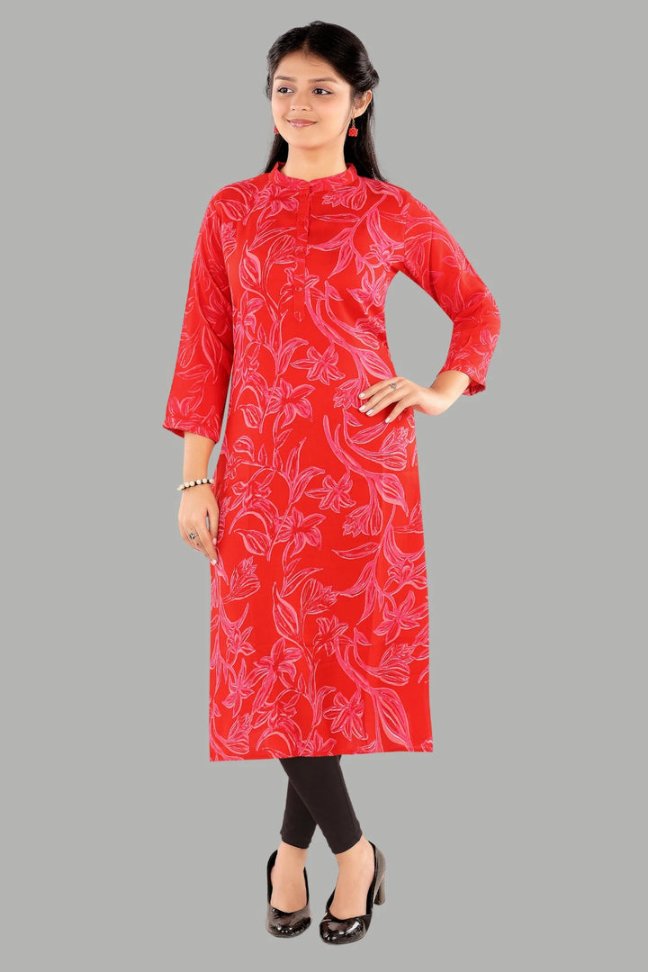 Red botanical print kurti for women