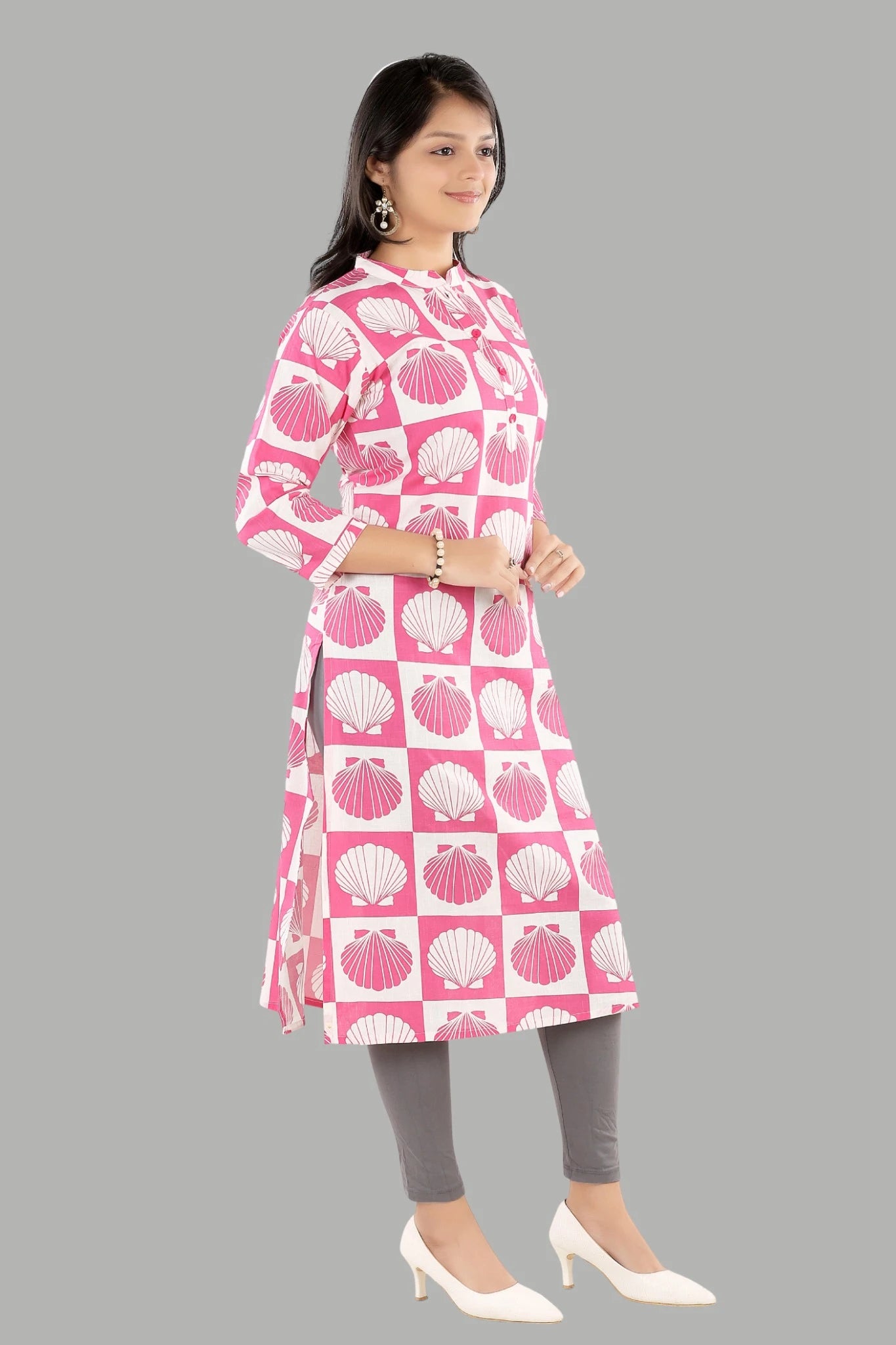 Stylish pink shell printed kurti for women