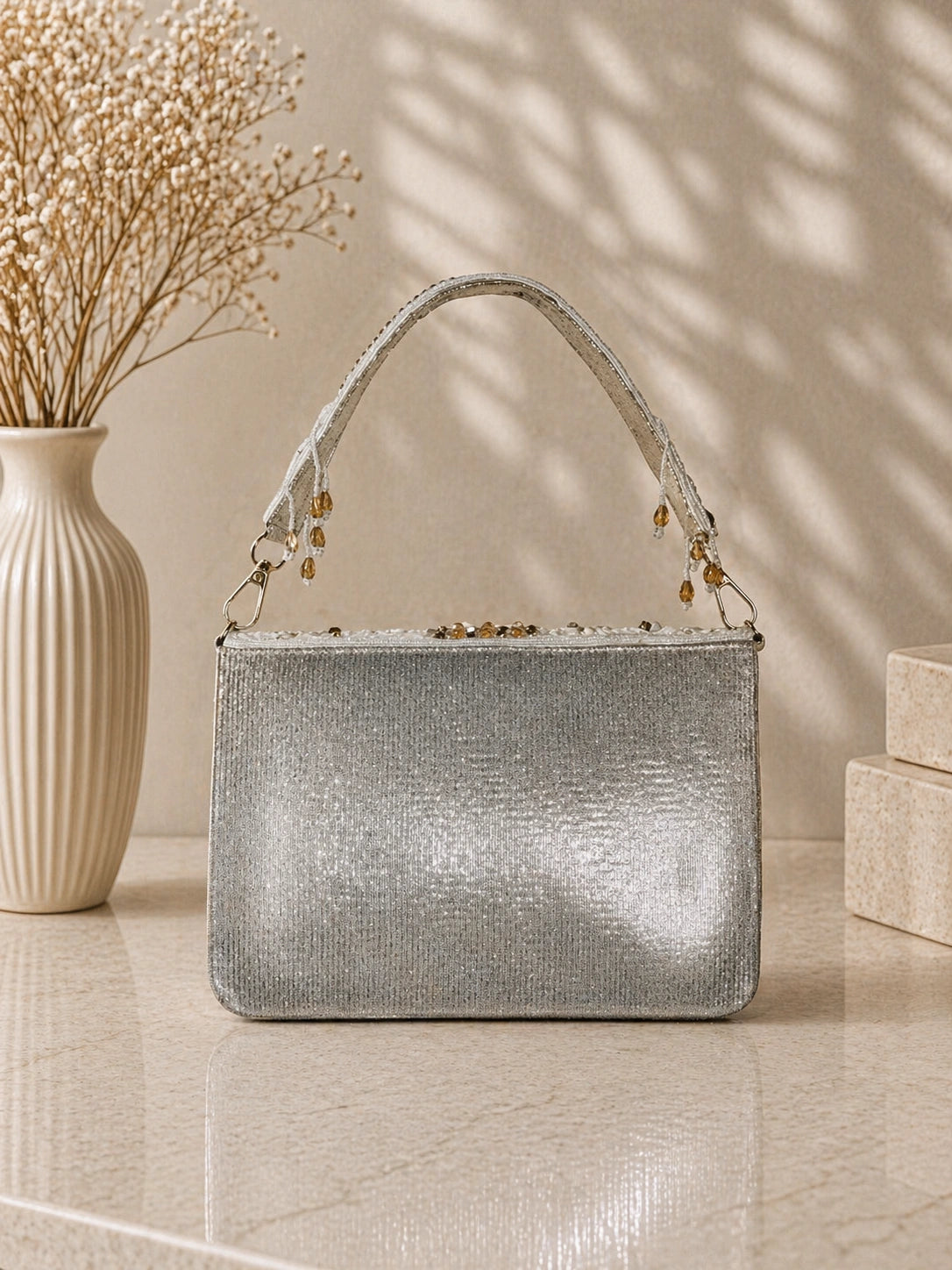 Luxury silver pearl clutch bag for party wear
