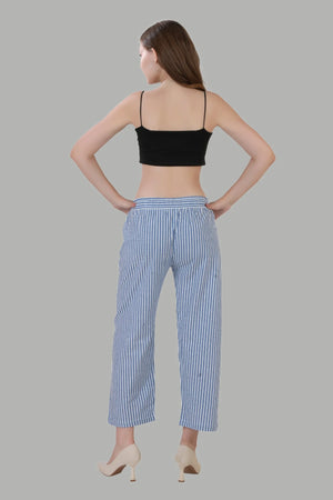 Elegant blue linen trousers with white stripe pattern