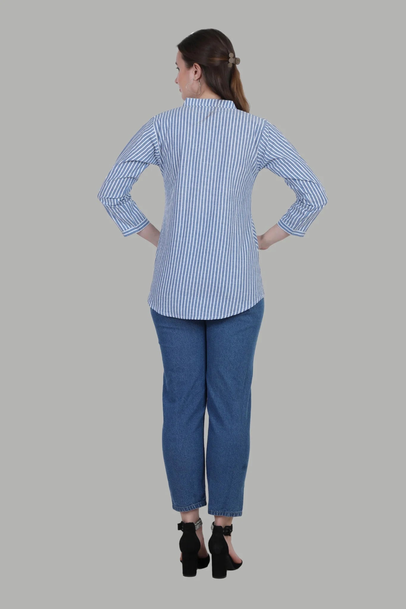 Elegant women’s blue white striped shirt for daily wear
