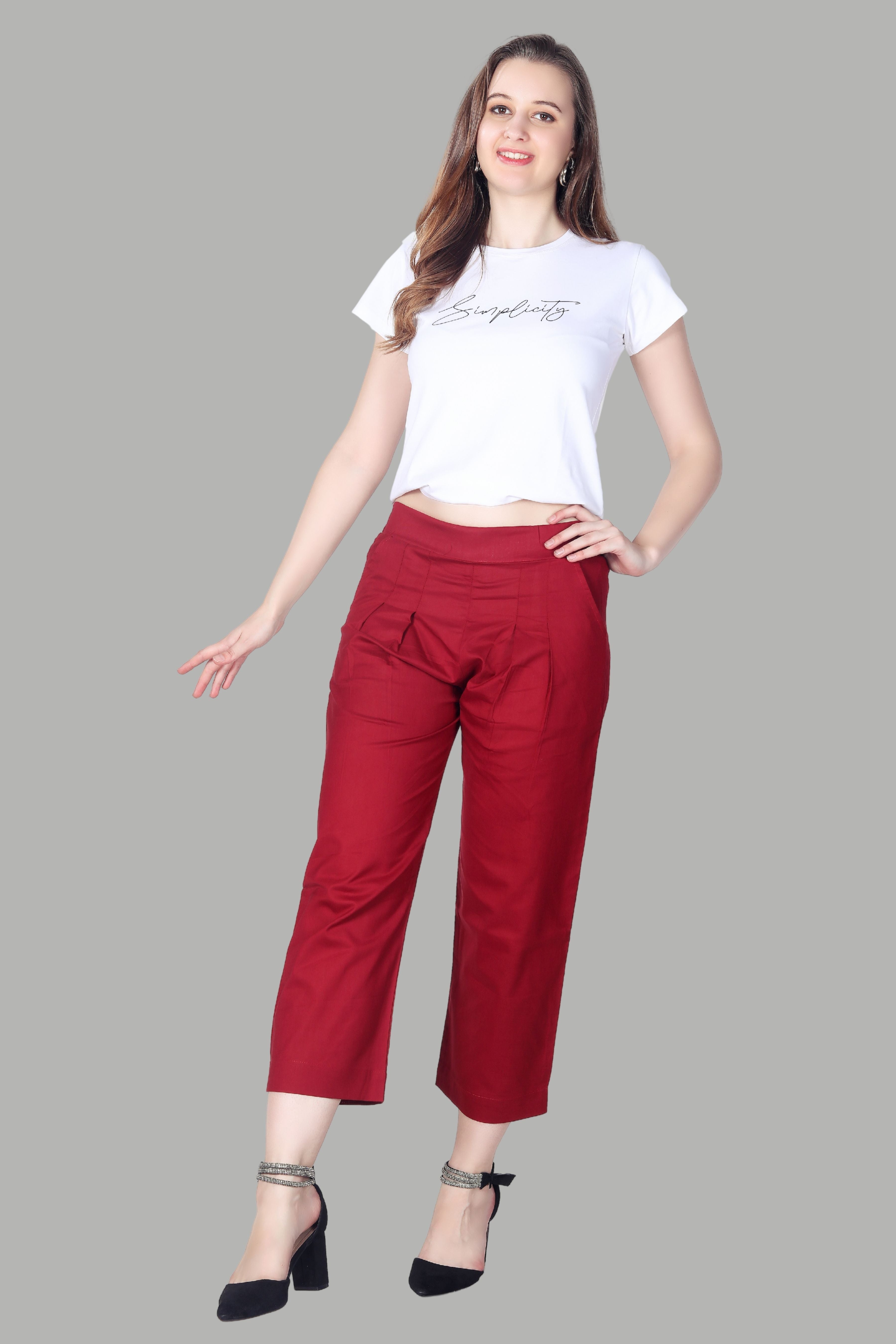Comfortable women’s red straight pants by AIKAA