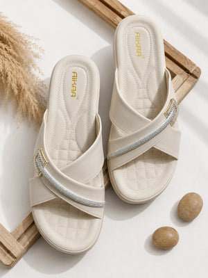 Elegant white crystal footwear for casual and party wear