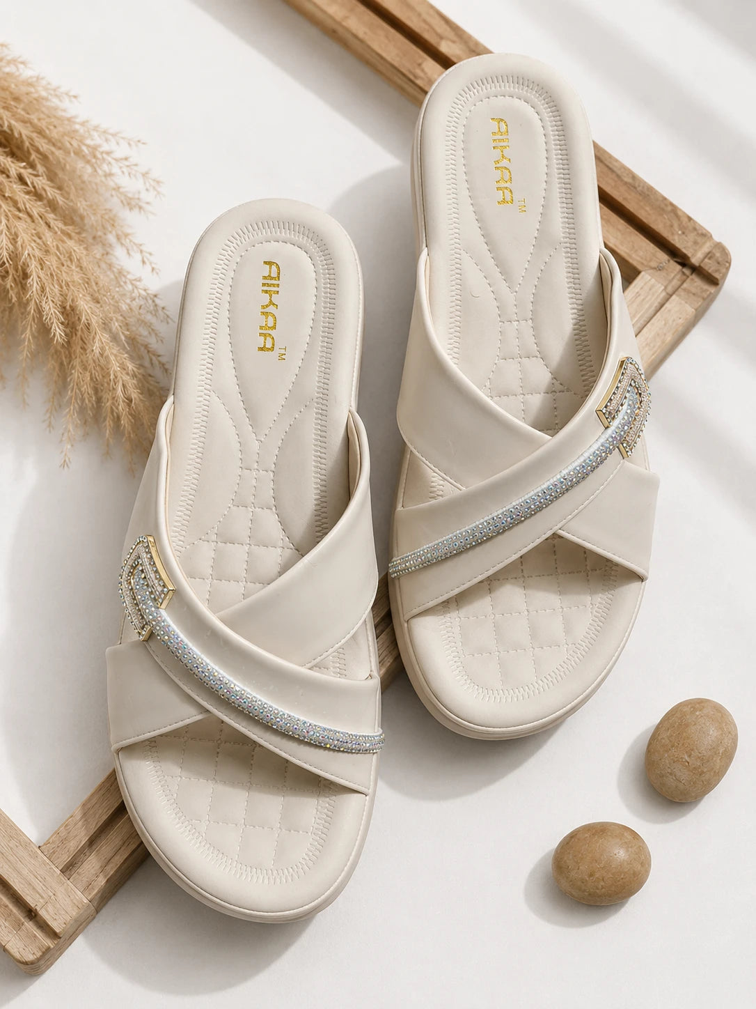 Elegant white crystal footwear for casual and party wear
