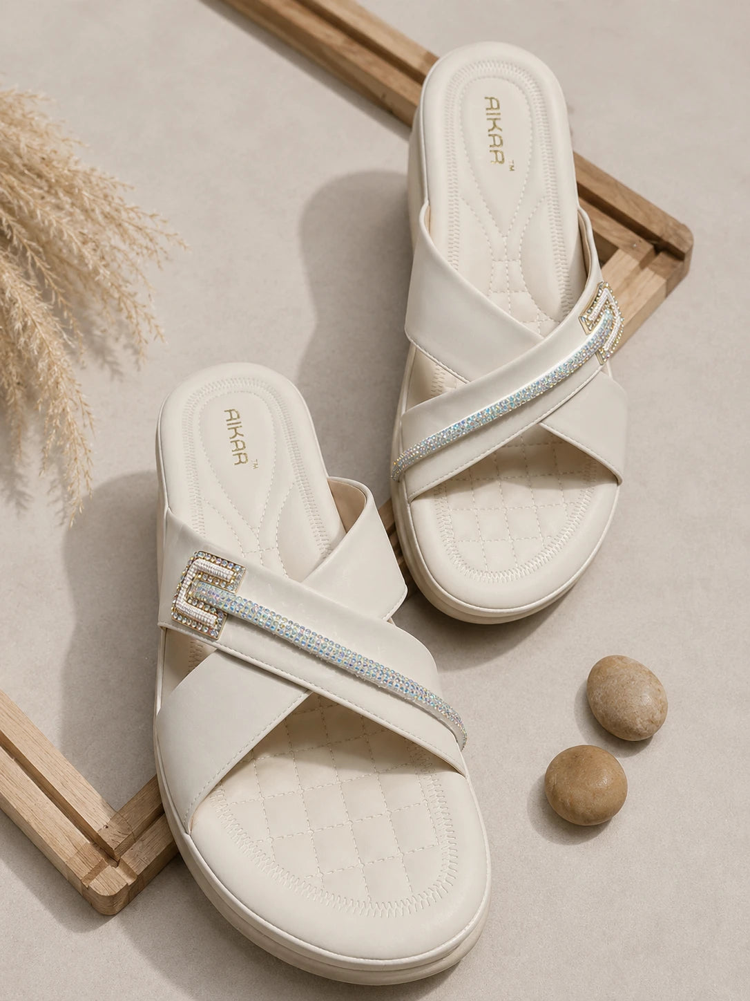 Stylish white crystal wedge sandals for women