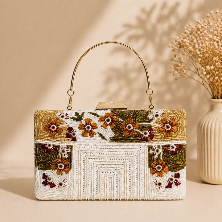 Elegant white floral beaded clutch bag for women
