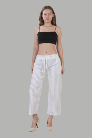 Stylish white straight fit pants with black stripes for women
