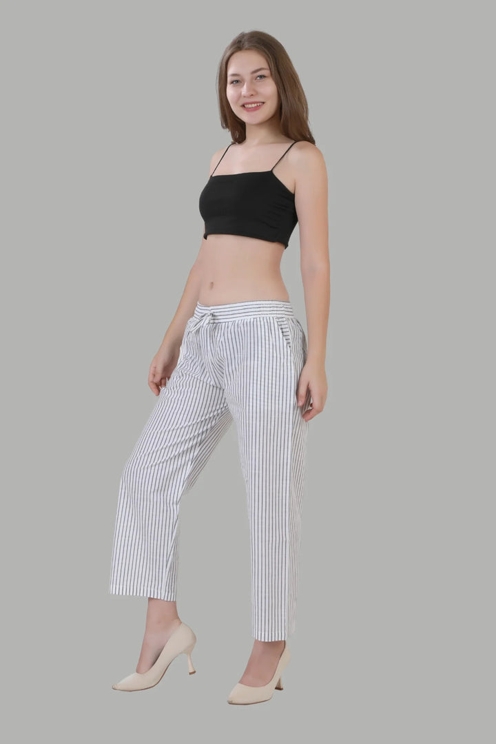 Stylish white striped straight fit pants for women
