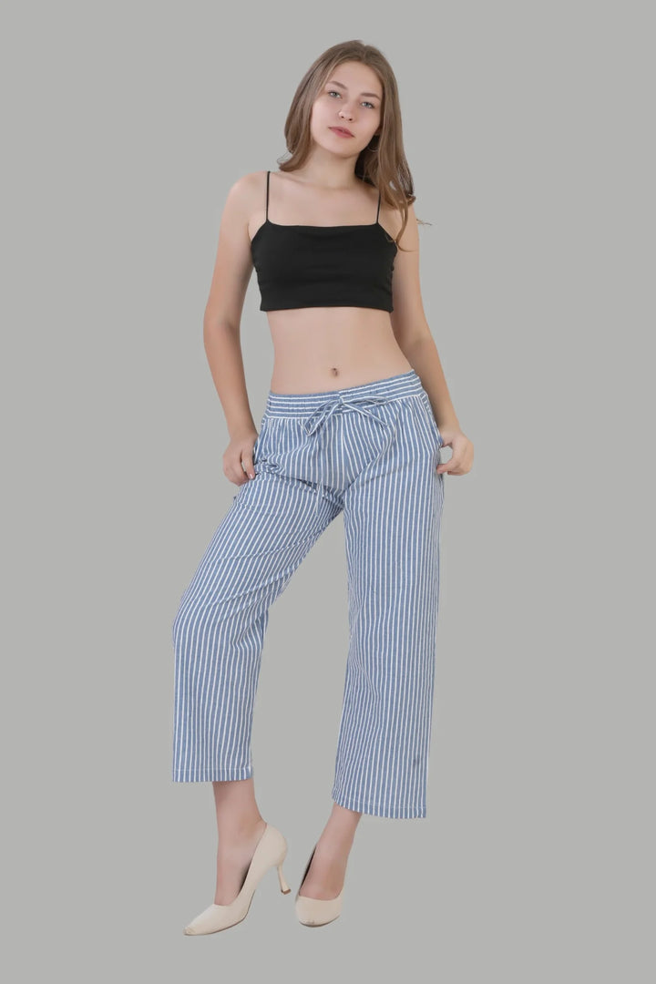 Women’s blue linen straight fit pants with white lines