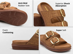 Brown sandals with gold buckles on a white background, highlighting features like anti-skid sole, shock absorption, foam cushioning, and super soft material.
