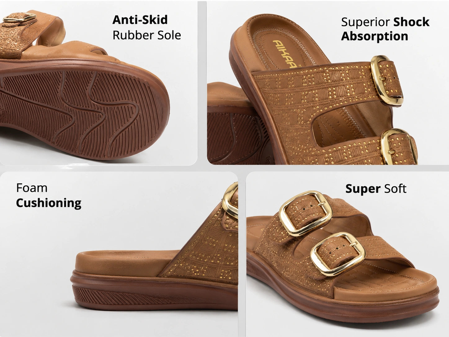 Brown sandals with gold buckles on a white background, highlighting features like anti-skid sole, shock absorption, foam cushioning, and super soft material.