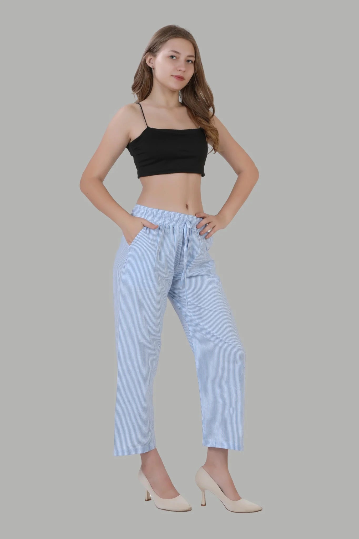 Women’s light blue linen straight fit pants with white lines