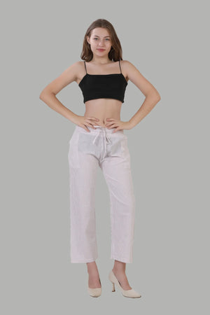 Women’s light pink linen straight fit pants with white lines
