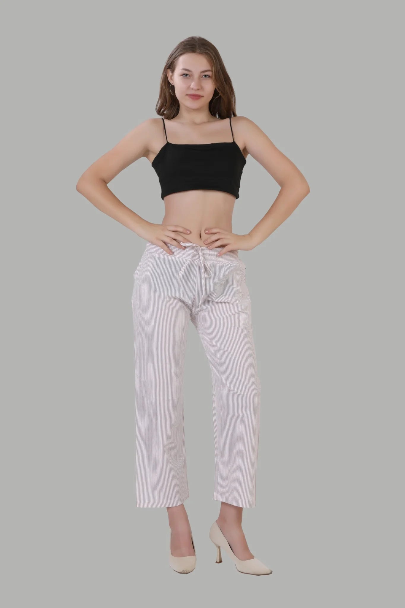 Women’s light pink linen straight fit pants with white lines