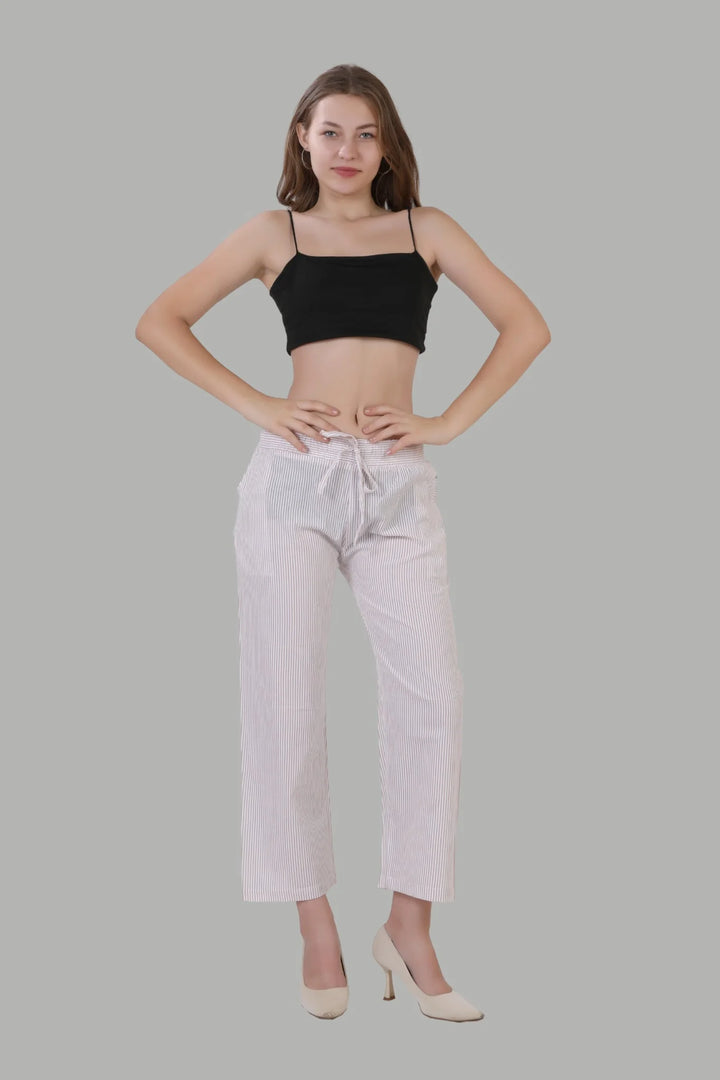 Women’s light pink linen straight fit pants with white lines