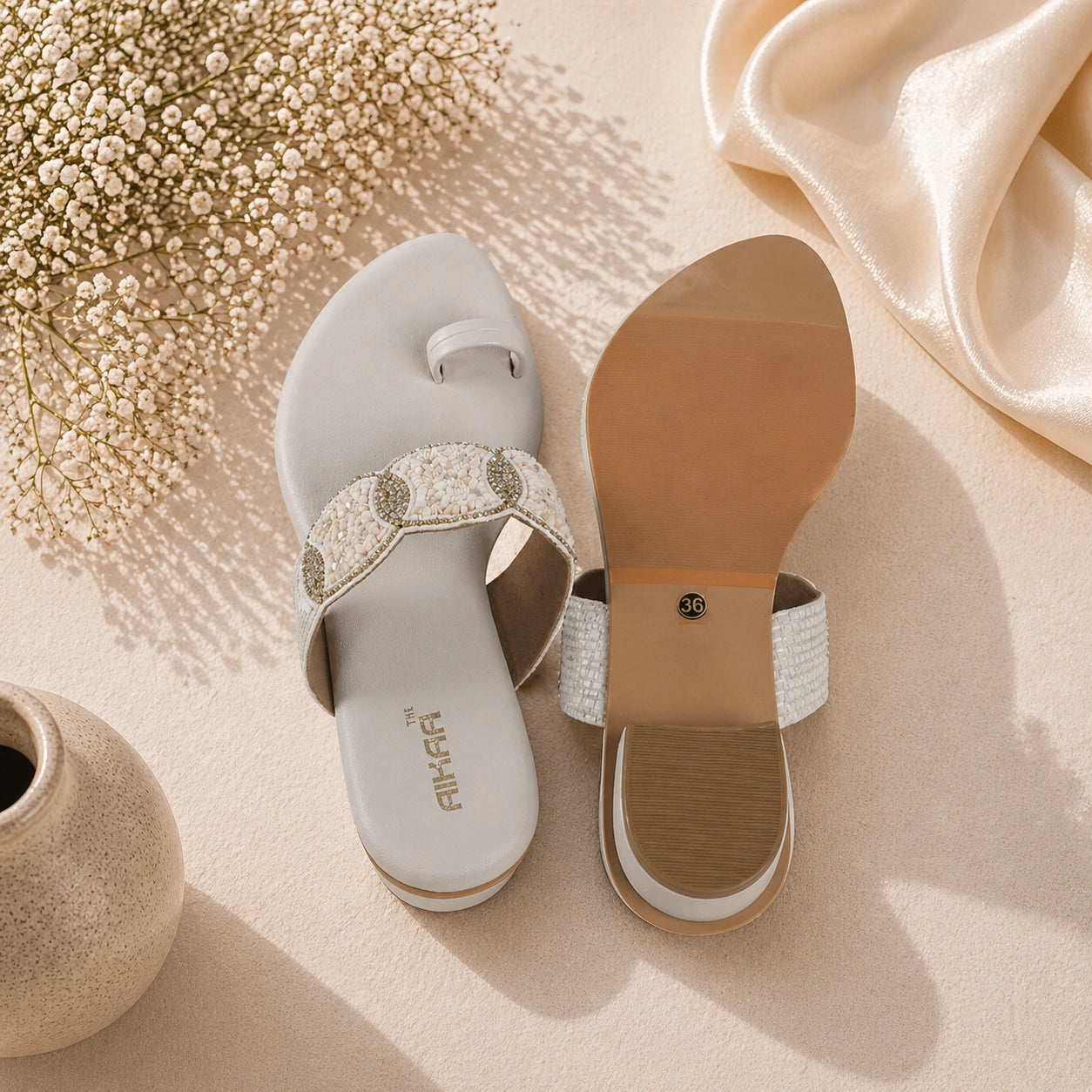 Fashionable white toe-ring flats for girls and women
