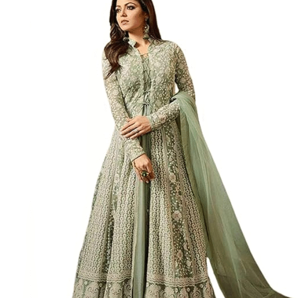 Miss Ethnik Women's Light Green Embroidered Flared Gown
