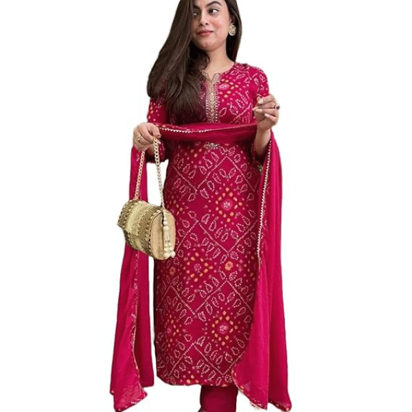 GoSriKi Women's Rayon Viscose Straight Bandhej Printed Kurta